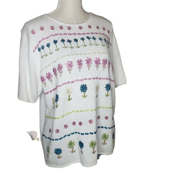 Teddi women’s Vintage Sz L short sleeve sweater Knit floral embroidered spring - Picture 2 of 6